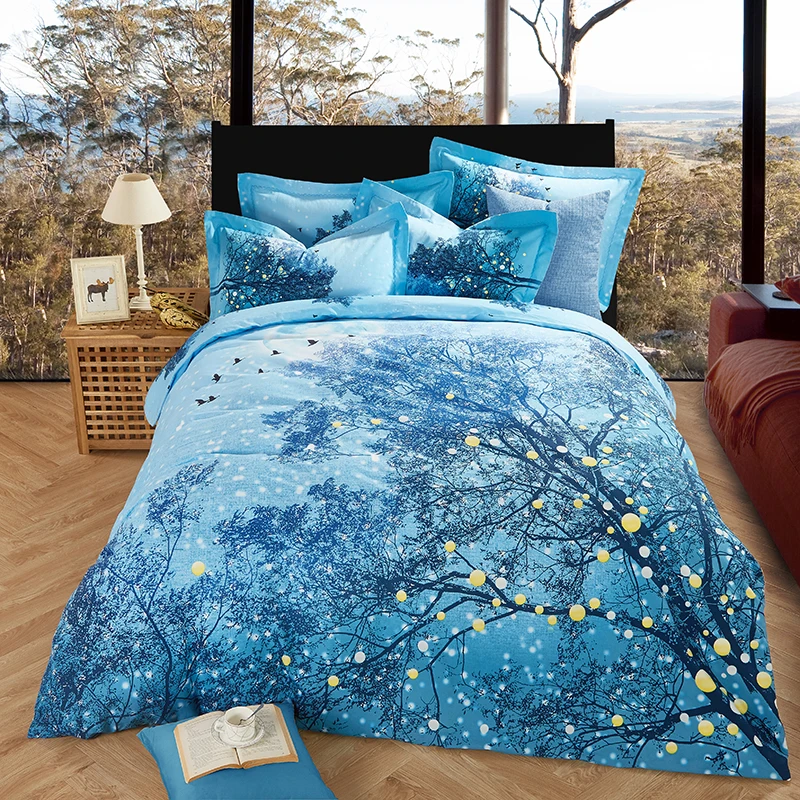 

Happy tree Printed 100%cotton Sanding bedding set thick warm duvet cover sets Bed Sheet Pillowcases Queen King size 4pcs