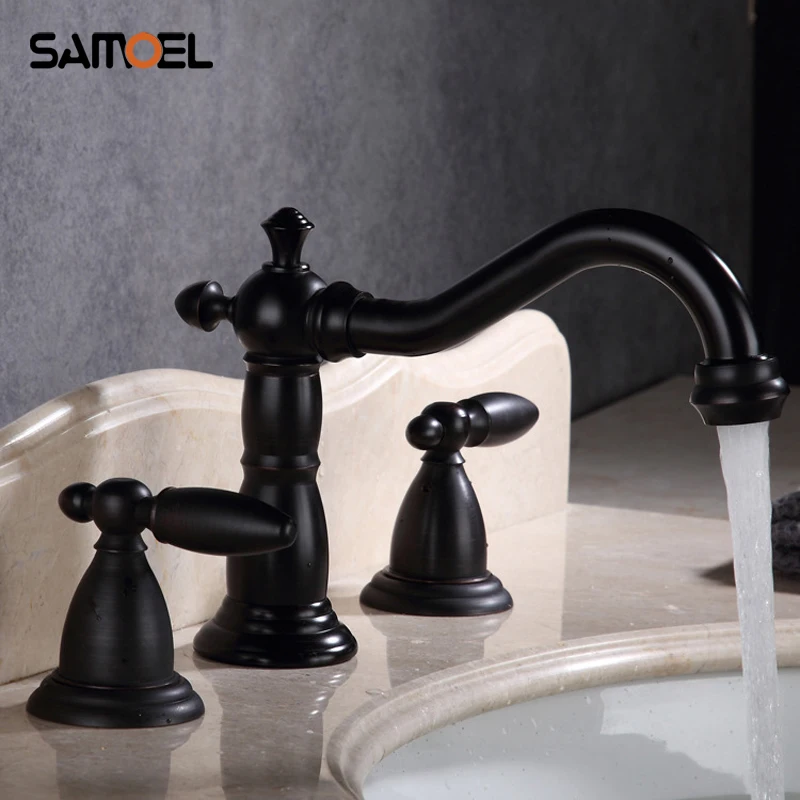 

Newest Deck Mount Brass 3 hole Lavatory Basin Mixer Taps Dual Handle ORB Black Bathroom Sink Faucet 3pcs BF1019-2