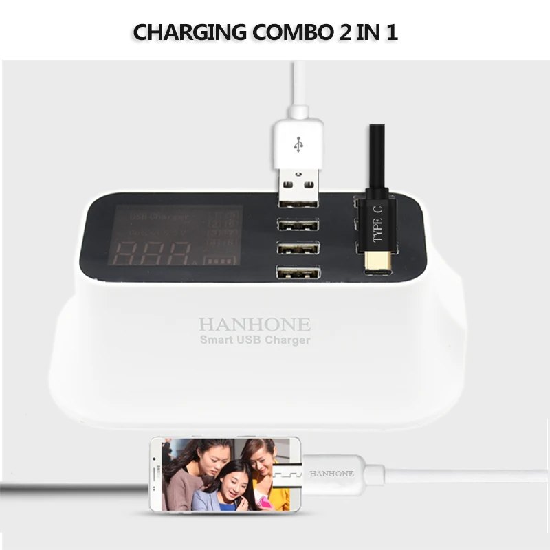 Multi port Smart Charger 7 USB Ports with Type C 40W LCD Digital Display Portable Hub Desktop Wall Charger AC Power Adapter (4)
