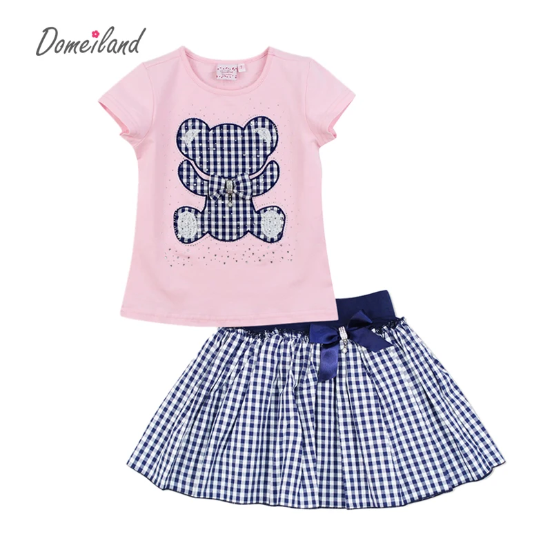 2017 fashion summer domeiland children clothing sets kid girl outfits Rhineston bear short sleeve cotton t