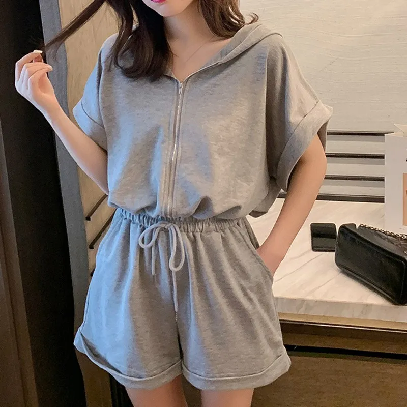

Women's Summer Black Grey Jumpsuit Shorts Casual Loose Short Sleeve Playsuits Solid Female Rompers Pockets Overalls