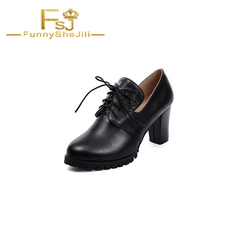 Black Lace up Oxford Heels Round Toe Chunky Heel Vintage Shoes Fashion