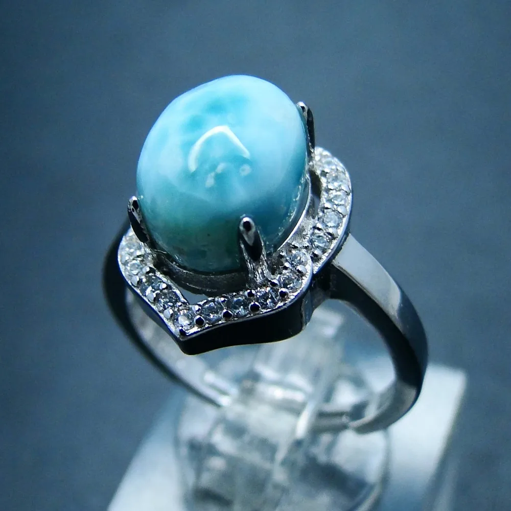 Genuine Larimar Female Rings 8X10MM Blue Crystal Stone Fine 925 Sterling Silver Jewelry Rings Ocean Stone Gemstone Ring Band
