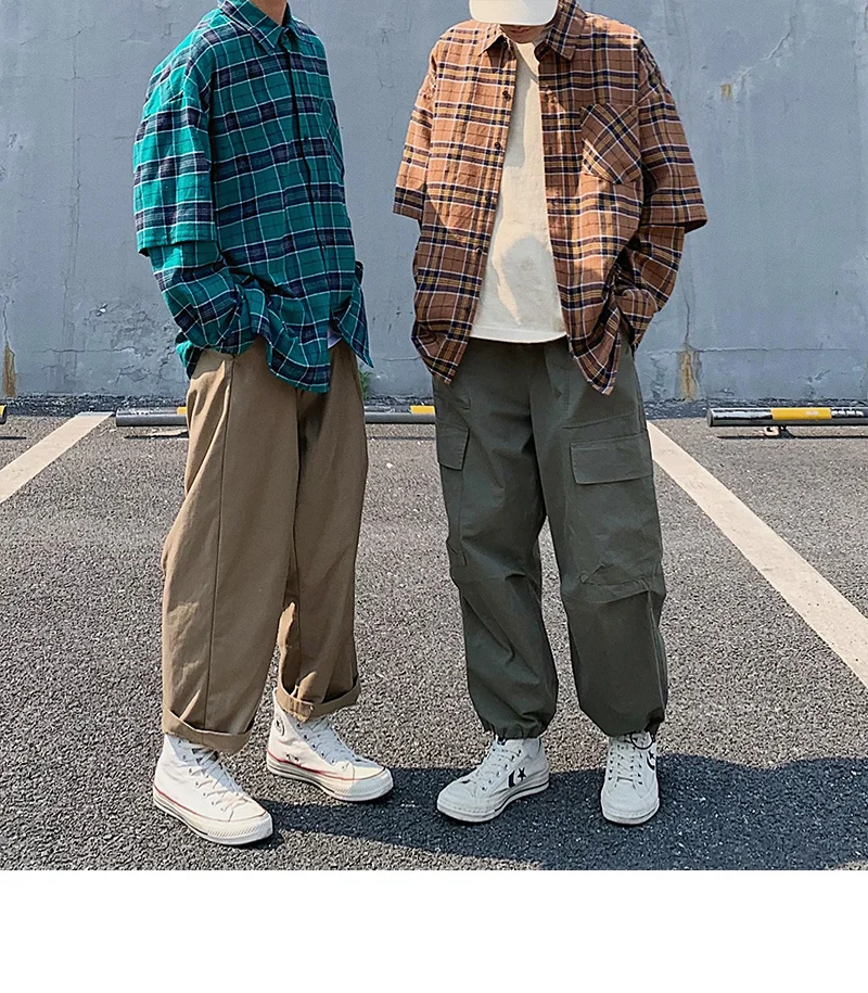Privathinker, новинка, Мужская Уличная одежда, мужские рубашки с карманами в стиле хип-хоп, японские мужские Свободные Поддельные клетчатые рубашки из двух частей, Осенние