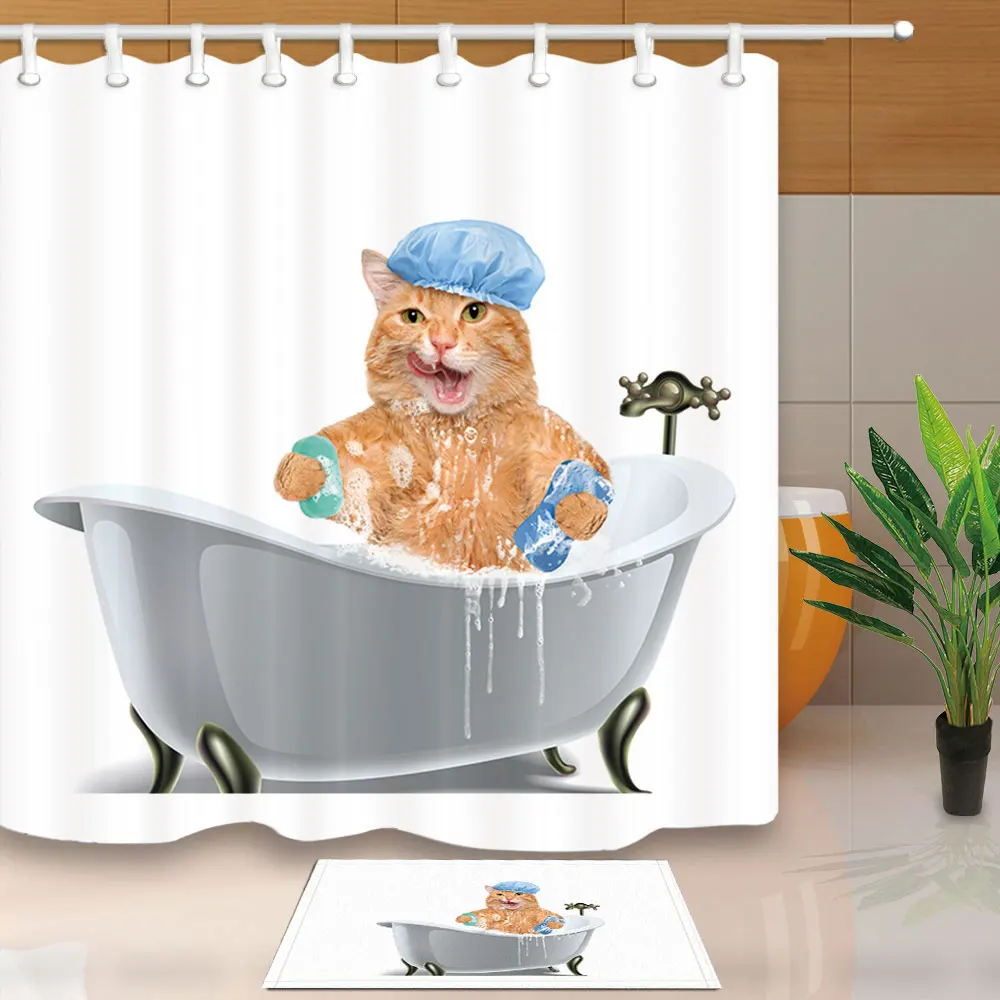 Высококачественная Водонепроницаемая занавеска для душа с изображением кошки в душе, полиэфирная ткань, занавески для ванной, домашние шторы с крючками для ванной - Цвет: B-7018