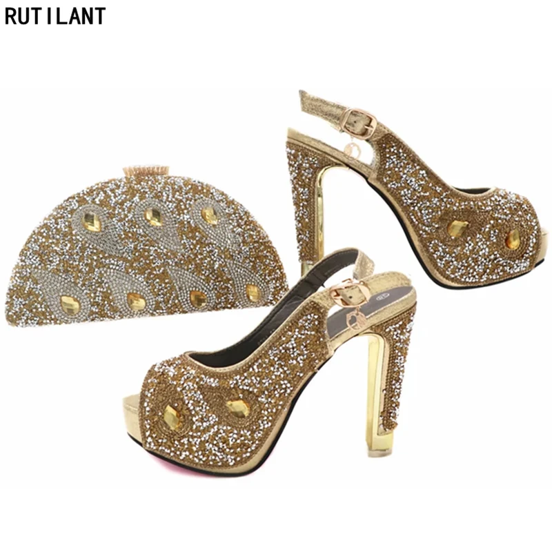 

New Latest Ladies Italian Shoes and Bag Set Decorated with Rhinestone Woman Italian Shoes and Bags Set African Wedding Shoes