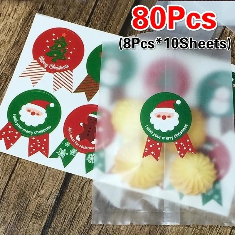 

80pcs/Set Christmas Label Paper Sticker Package Sealing Stickers for Cookie Candy Nuts Package Xmas Tree Snowman Gift