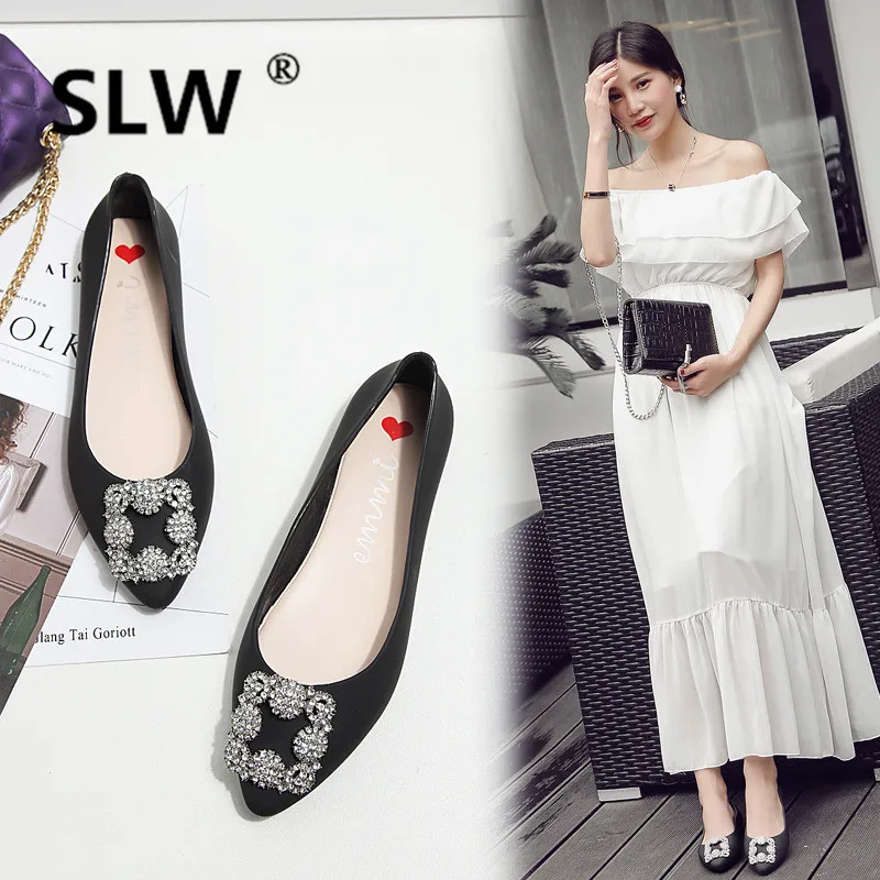 

women Rubber luxury Basic new Lace-Up summer Plastic Shallow PU Slip-On Crystal flat Pointed Toe Casual woman leather shoes
