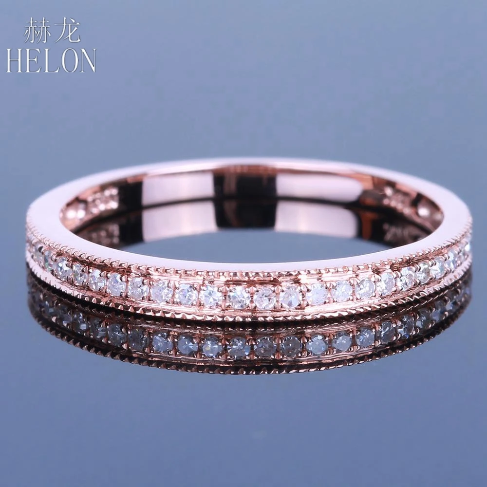 

HELON Solid 14K Rose Gold Diamonds Band MILGRAIN Natural Diamonds Engagement Wedding Women's Band Ring Pave Setting