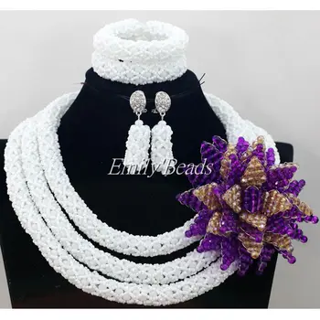

Handmade White Crystal Women Necklaces Costume Jewellry Nigerian Wedding African Beads Flower Jewelry Set Free Shipping ALJ021