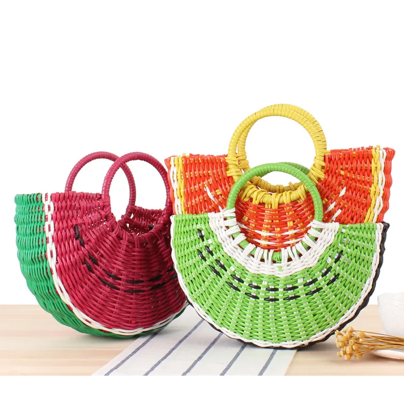 

Watermelon Shape Fruit Beach Bag ABS Weaving Straw Bag Wood Top-handle Handbags Ladies Round Straw Bags Moon Shaped Wrapped Bags