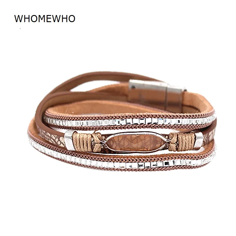 

Acrylic Stone Multilayer Brown Faux Leather Bracelet Women Men Wrapped Boho Bohemian Bracelets Handmade Snake Print Jewelry