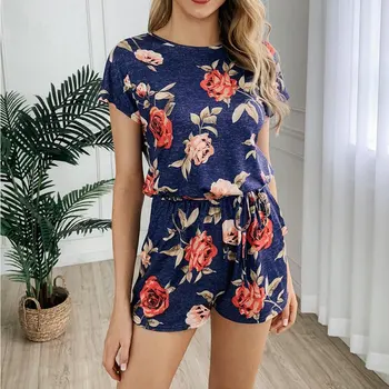 

Women Floral Boho Jumpsuit Short Sleeve Casual Loose floral print jumpsuit romper Round Collar Button Pockets Jumpsuit