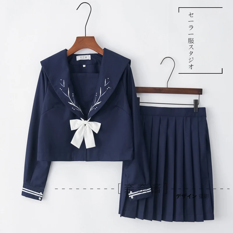 

2019 Japanese School JK Uniforms Sailor Suit Silver spike Grass Embroidery Blouse Pleated Skirt Suit Women Seifuku Dress Navy