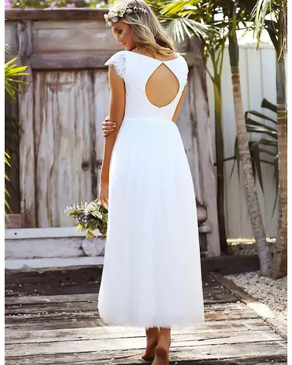 Короткие Boho свадебный наряд с кружевами длиной до лодыжки Кепки рукавами и открытой спиной; платье трапециевидной формы Свадебные платья Vestido De Noiva дешевые