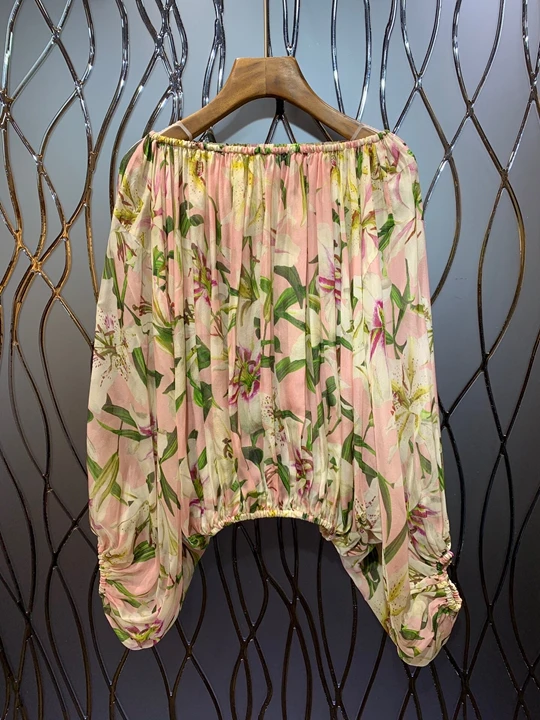 

2019 Summer New Woman Shoulder Printing Patterns Coloured 100-fold Loose Long Sleeve Top 711