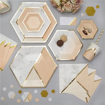 

24 Sets Peach Pink with Marble Tableware Kits Foil Gold Assorted Color Paper Plate Cup Napkin for Engagement Bridal Shower Party