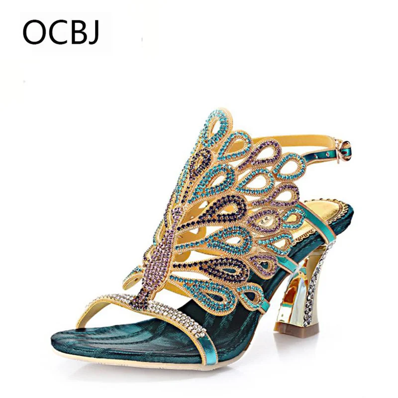 

Plus Size 34-43 Sheepskin Sandals Ladies High Heel Sandals Colorful Peacock Women Rhinestone Shoes Bridal Shoes Wedding