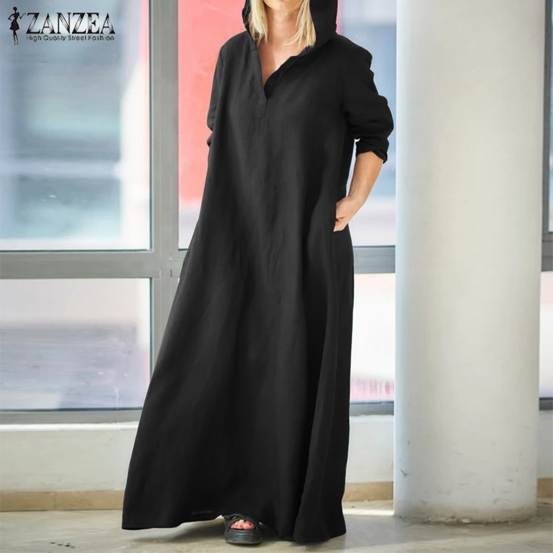 ZANZEA, осеннее платье макси с капюшоном, женские худи с длинным рукавом, хлопковое льняное платье, женское винтажное Повседневное платье размера плюс