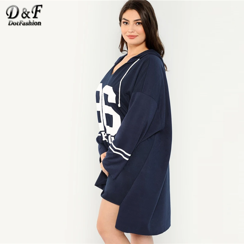  Dotfashion Plus Size Navy Letter And Striped Longline Sweatshirt Women Casual Spring Autumn Hooded 