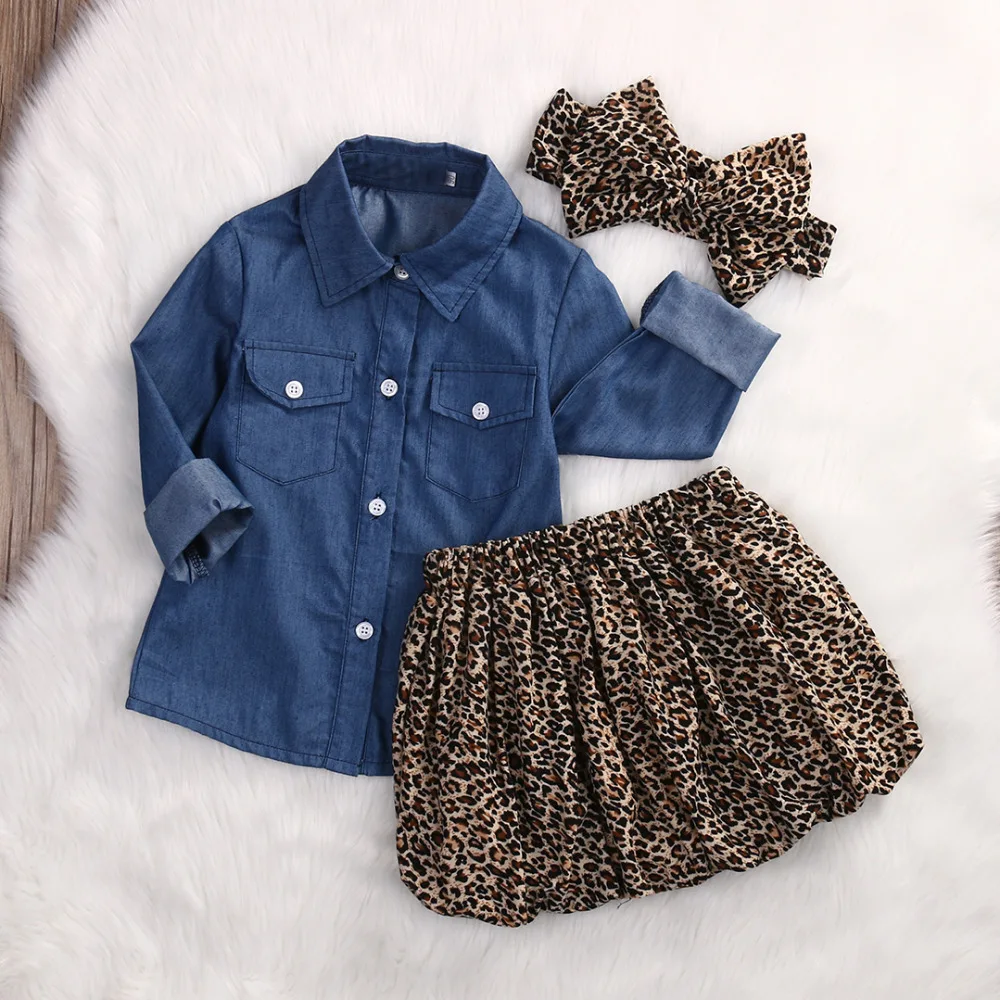 

3PC Toddler Baby Girls Outfits Denim Shirt+Leopard Skirt+headband Fashion Kids Girls Clothes set