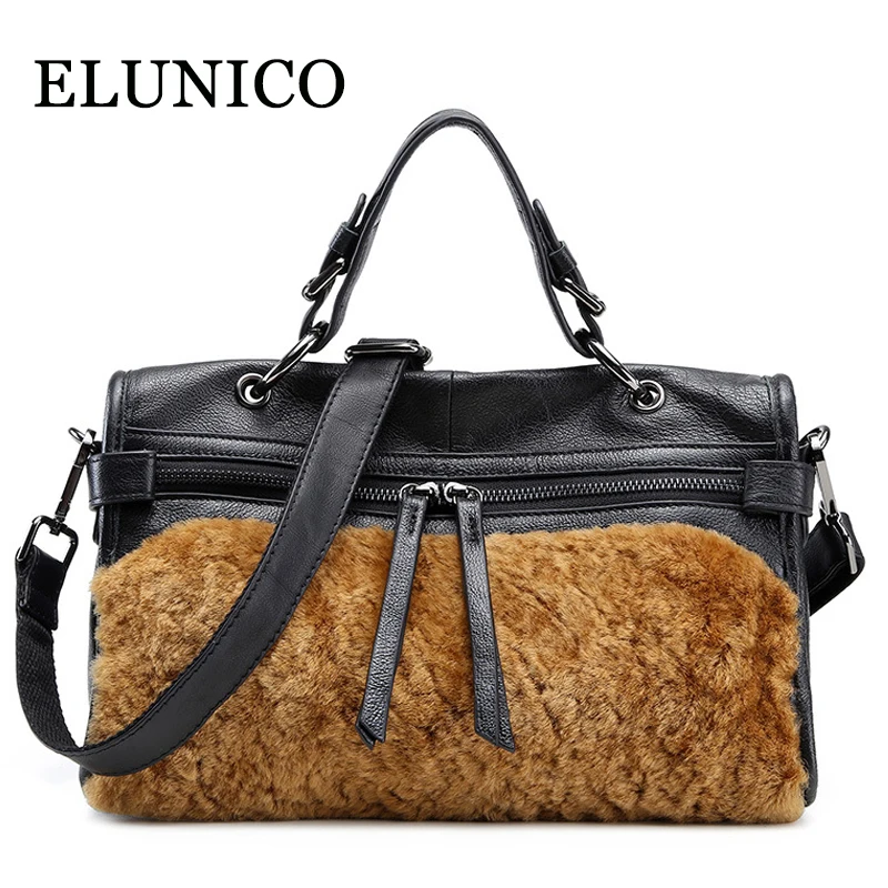 

ELUNICO 2018 Fashion Genuine Leather Handbag Female Rabbit Hair Shoulder Bags Handbags Women Famous Brands Messenger Tote Bag