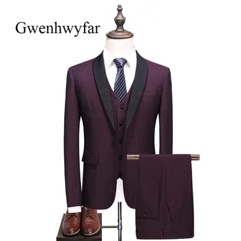 

Gwenhwyfar Shawl Lapel Dark Red Patterns Wedding Groom Suit Tuxedo For Men Wedding Suits Prom Best Man Suits (Jacket+Pants+Vest)