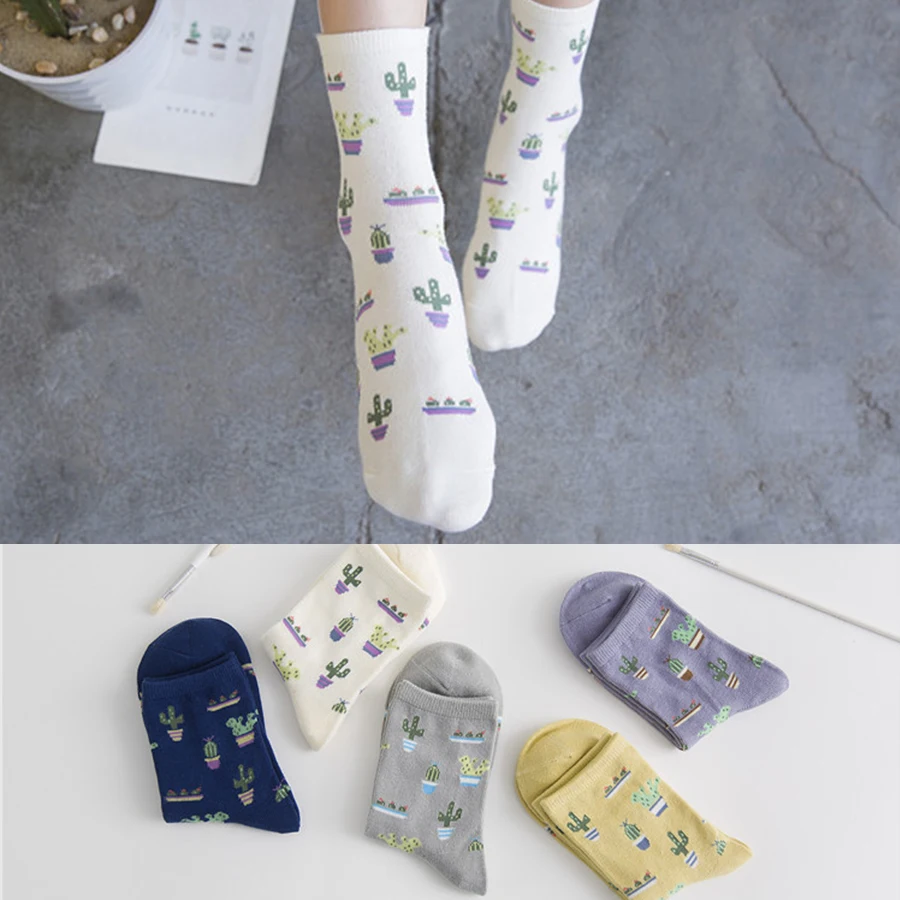 

Women Happy Cactus Socks Autumn Winter Forest Plant Cotton White Cute Girl Christmas Socks Planta Pflanze Calcetines Mori Sox