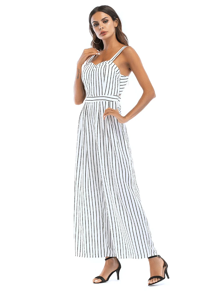 Women White Striped Jumpsuits Casual Backless Sexy One Piece Loose Bodysuit School Teacher Work Clothes Plus Size Summer Suits | Женская