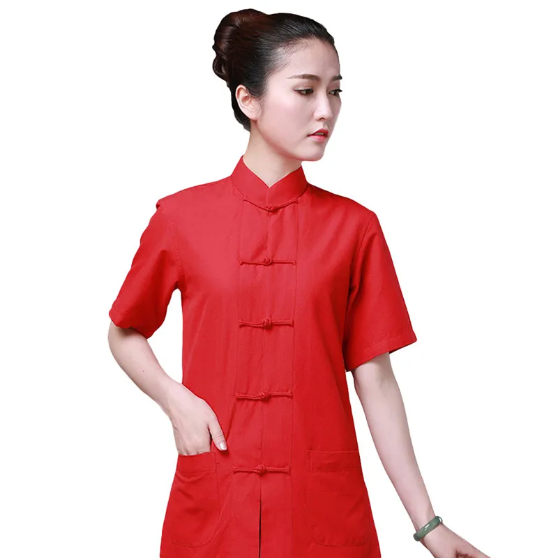7 цветов Кунг-Фу рубашка с короткими рукавами Китайский традиционный хлопок Костюмы Тан костюм топ тайцзи ушу костюм для Для женщин - Цвет: Wine Red