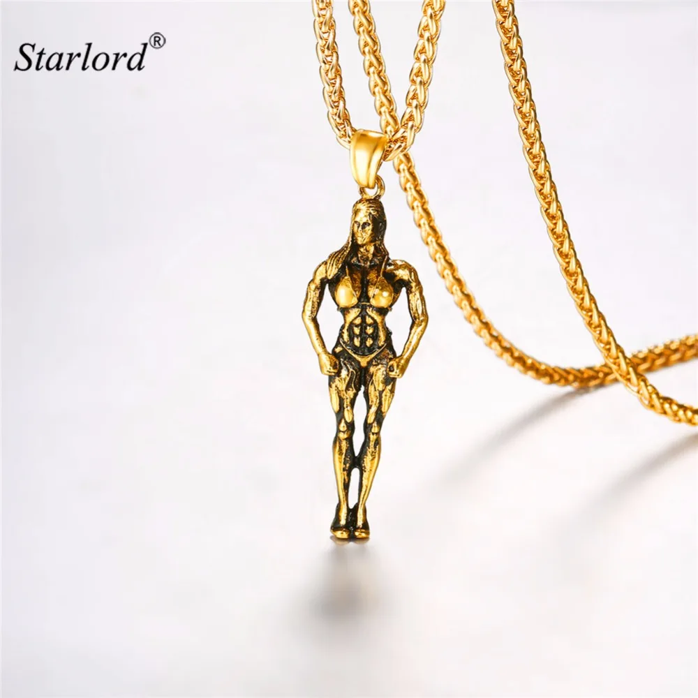 Starlord Muscle Women Pendant Necklace Stainless Steel Weight Lifter