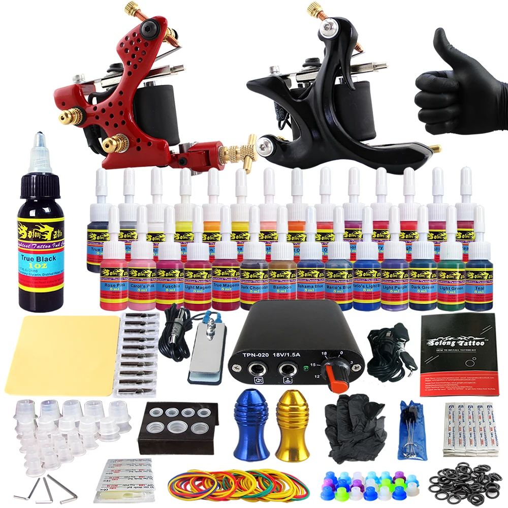 

Hybrid Complete Kit For Tattoo Liner and Shader Beginner Power Supply Foot Pedal Grips Needles Ink Set Tattoo Body&Art TK204-28