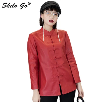 

China Style Leather Jacket Women Spring Stand Collar Buckle Long Sleeve Sheepskin Genuine Leather Coat Concise Red Female Jacket