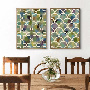

HAOCHU Watercolor Background Geometric Wall Painting Canvas Modern Fish Scale Cross Shape Art Poster for Living Room Decoration