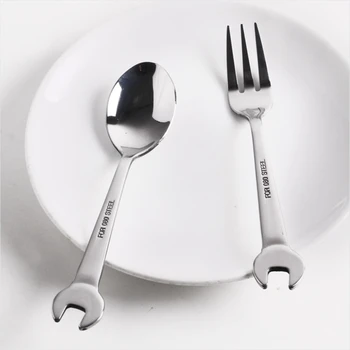 

Stainless Steel Fork Dessert Scoop Spanner Shape Dinner Scoop Creative Mirror Polish Main Steak Fork Dinnerware Set 4pcs/set