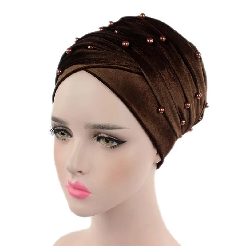 Бархатные тюрбан головные повязки хиджаб голова Scarfvelvet роскошные женские бархатные тюрбан повязки бисером шипованные перламутровые удлиненные - Цвет: coffee
