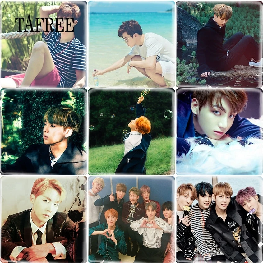 

TAFREE Korea POP BTS Bangtan Boys Art Picture 12mm Square Shape Handmade Glass Cabochon Dome Flat Back Making Findings