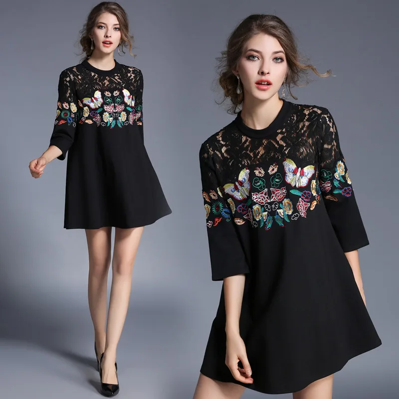 

Black Butterfly Embroidery Lace Knitted Mini Dress Women Fashion Casual Street Beach Dress Spring O-Neck 3/4 Sleeve Clothing