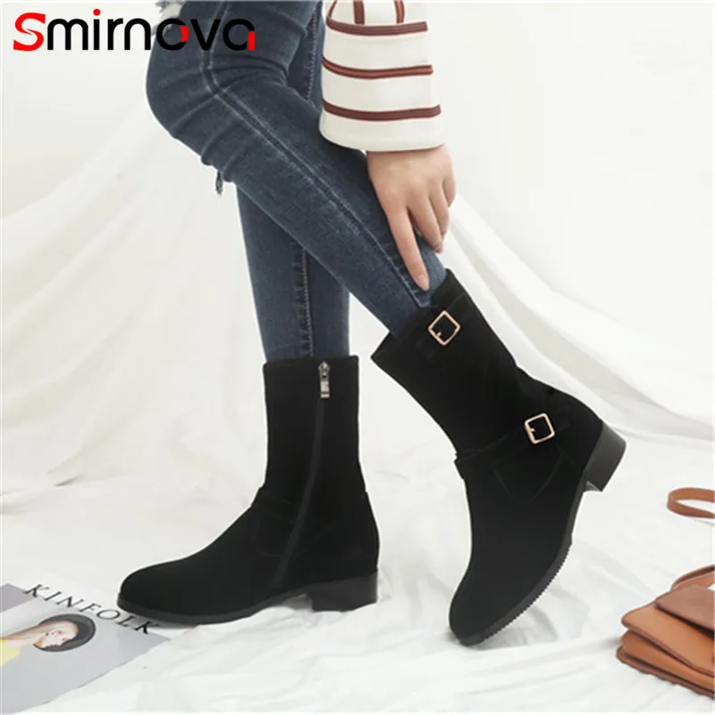 

Smirnova big size 34-43 ladies shoes 2020 round toe cow suede leather boots zip ankle boots winter keep warm woman boots apricot