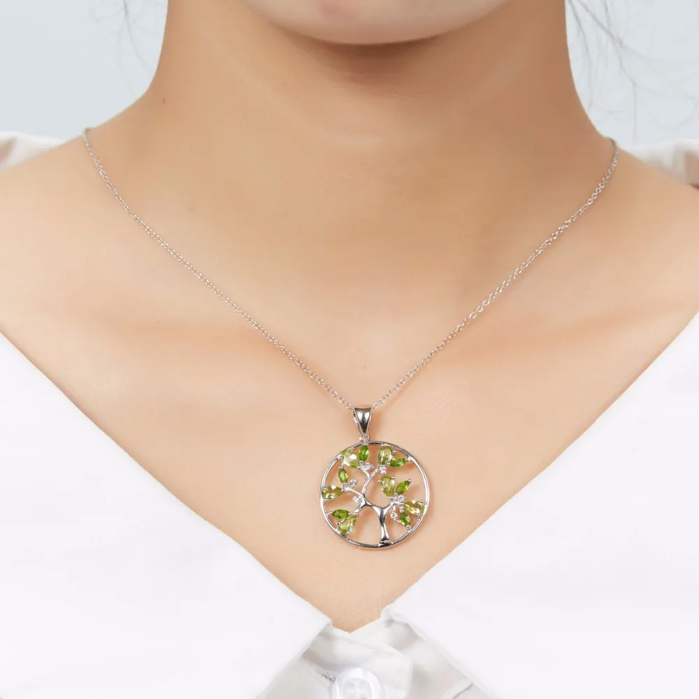 925 Sterling Silver Chain Peridot Tree Pendant Diopside Gemstone Classic Style Fine Jewelry for Women's Birthday Gift