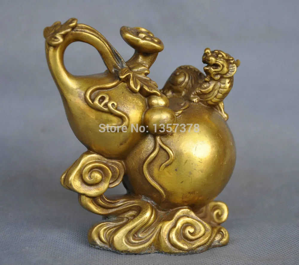 

shitou 00469 5'' China Folk Bronze Calabash Bottle Guard Foo Dog Dragon Bronze Statue