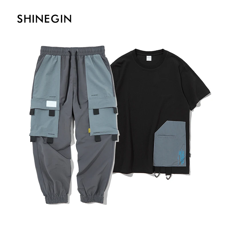 

SHINEGIN Colour block t shirt men funny patchwork tracksuit men set harajuku streetwear mens clothing homme sweatpants 108S/056W