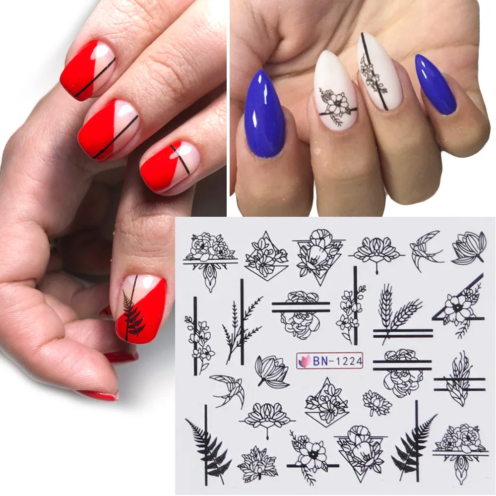 1pcs Nail Stickers Black Line Sexy Girl Slider Writing Letter Tattoo Nail Art Water Transfer Decals Manicure Decor TRBN1237-1248