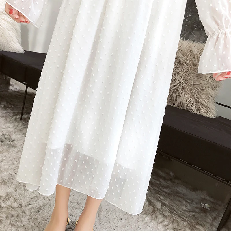 BGTEEVER Ruffles Polka Dot Women Chiffon Dress Elastic Waist Flare Sleeve Female Long Vestidos A-line White Dress