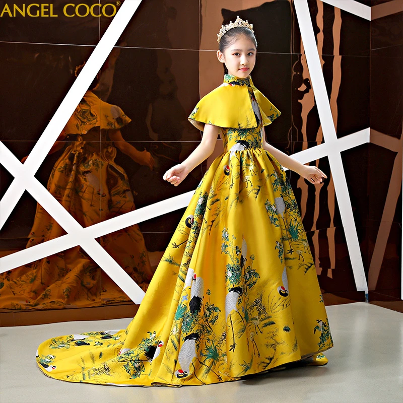 

Gorgeous Sets Girls Yellow Satin Gown Princess Girls Dresses for Wedding Party Birthday Kids Dress Dubai Abaya Robe Fille 2019