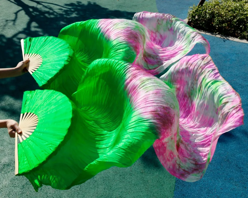

2017 female high quality Chinese silk veils dance fans Pair of belly dancing fans cheap hot sale green mix color as picture