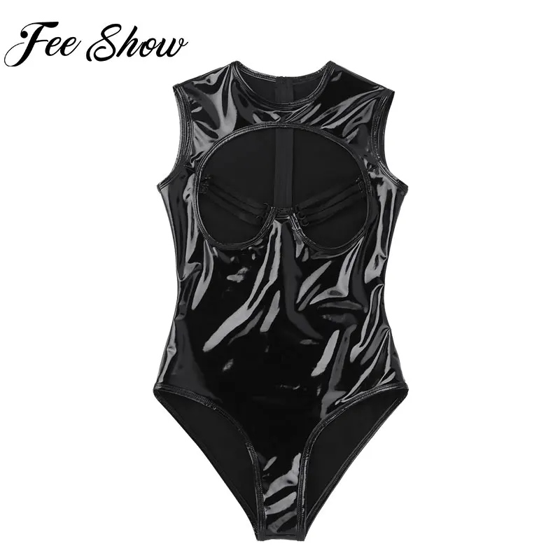 Bciopll Womens Glossy Mouwloze Hoge Cut Thong Teddies Bodysuit Jumpsuit