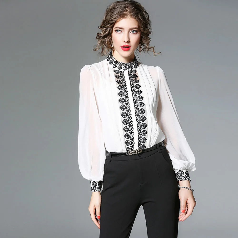 

woman spring chiffon blouse ethnic embroidery female solid white shirts gullas inside office lady elegant blouse casual
