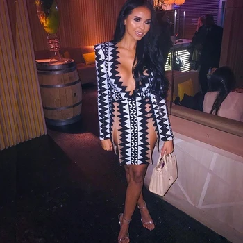 

2019 New Long Sleeve Chic Autumn Women Sequin Black V neck Sexy Mesh Dress Split Patchwork Celebrity Clubwear Party Vestidos