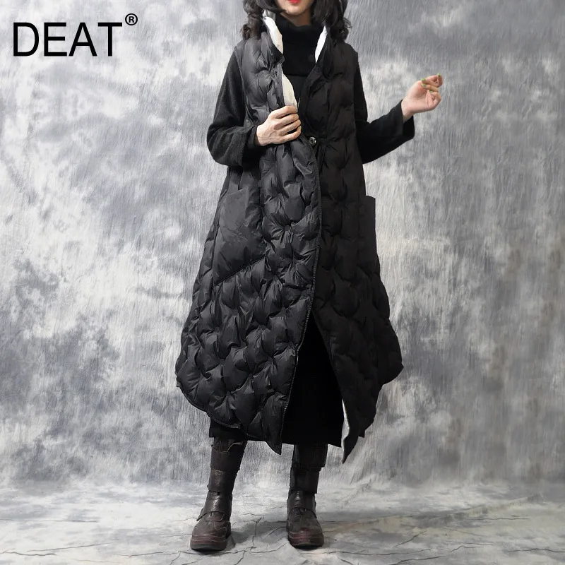 

[DEAT]2020Spring Woman Black Sleeveless Stand Collar Single Button Diamond Grain Pockets Warm Long Thick A-line Vest LE05
